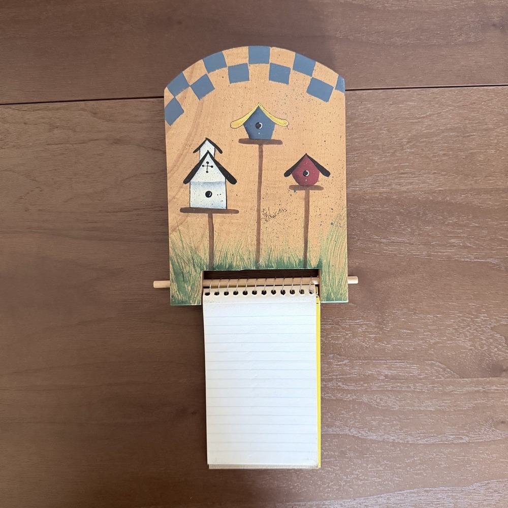 Vintage Wood Notepad Holder Cottage Core Birdhouses Nail Hung Hand Painted